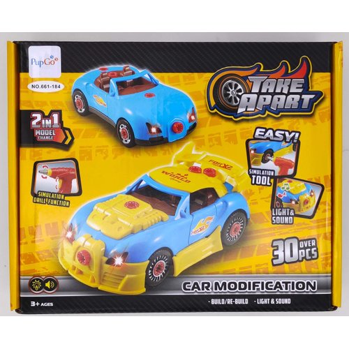 Pup Go Construction Toys Take Apart Toy Car Racing 30 Pieces with Realistic Sounds & Lights – Build Your Own Car Kit with Electric Drill Tool for 3 Year Old Boys(4 Spare Screws Included)