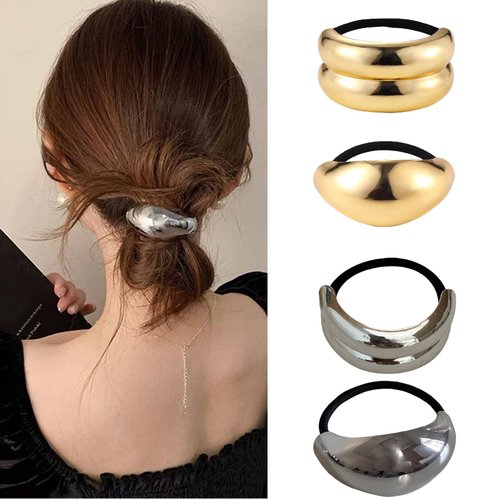 papasgix Metal Hair Ties, Metal Geometric Elastic Hair Ties, Hair Cuff Wrap Hair Ties for Thick Hair Elastic Hair Ties for Women Hair Accessories (Gold+Silver-1)
