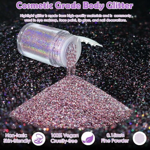 Yosca 5g Sparkle Cosmetic Grade Holographic Magic Purple Makeup Glitter Loose Body Shimmer Powder for Glitter Eyeshadow Lip Face Paint Concert Festival Rave Accessorise - Bling Rose
