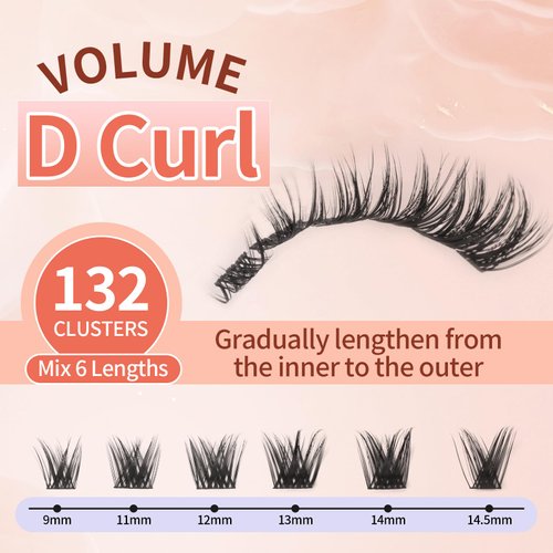 Cluster Lashes Wispy Individual Lash Extensions D Curl Natural Lash Clusters 10-14.5MM 132 Pcs DIY Eyelash Extension Cat Eye Eyelash Clusters with Tweezers Self-application at Home by MLEN DIARY