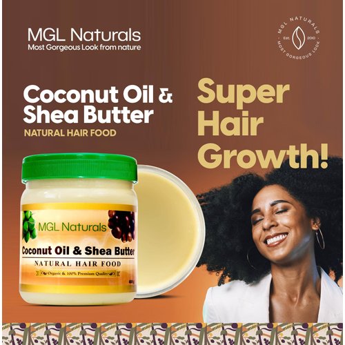 MGL Naturals Coconut Oil and Shea Butter Natural Hair Food made with organic ingredients. Nourish and moisturize hair for growth, softness, shine, manageability and protect against hair damage.