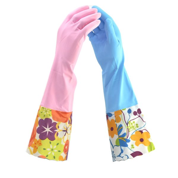 2 PAIRS Household Gloves Latex Free Cleaning Gloves with Soft Lining Long Cuff 15" & Grip, Medum, Pink/Blue