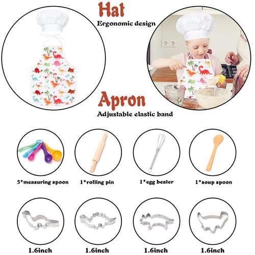 22Pcs Kids Chef Role Play Costume Set,Toddler Cooking Apron Set,Apron&Chef Hat for Dress Up Chef Costume Play for Boys Girls (Dinosaur)