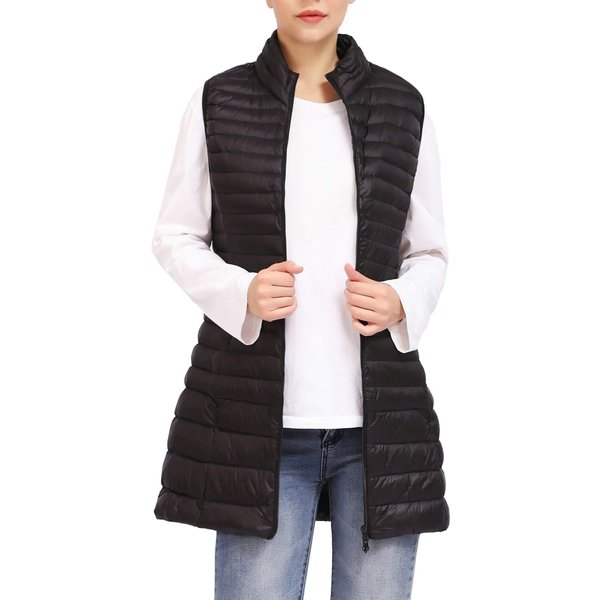 ELFJOY Long Puffer Vest Women Winter Ultra Light Long Down Vest with Stand Collar Black Womens Vests Outerwear