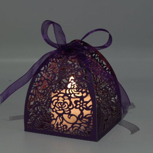 KPOSIYA Pack of 100 Laser Cut Rose Candy Boxes, Favor Boxes 2.5"x 2.5"x 3.1", Gift Boxes Bridal Shower Anniverary Birthday Party Wedding Favor (100,Purple)