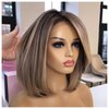 SuperDen Side Part Ash Blonde Highlight Short Bob Wigs Synthesis Straight Wigs Without Bangs for Daily Party (Ash Brown)