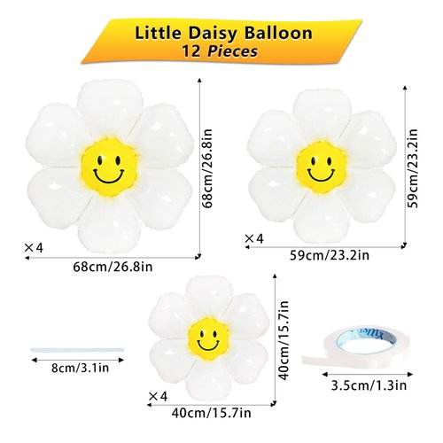 Daisy Balloons with Smiley Face 12 Pcs White Daisy Flower Smiley Face Foil Balloons for Birthday Wedding Hippie Boho Girl Groovy Daisy Party Decorations Supplies