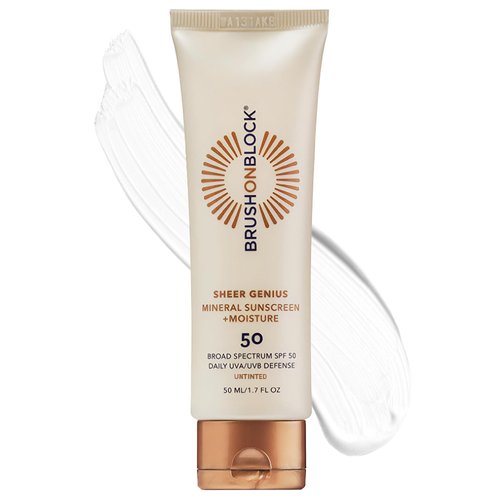 Brush On Block Sheer Genius Mineral Sunscreen plus Moisturizer, SPF 50, UVA/UVB & Blue Light Protection with Hyaluronic Acid, Goes on Sheer, No Residue, Reef Friendly, Vegan, Translucent, 1.7 oz