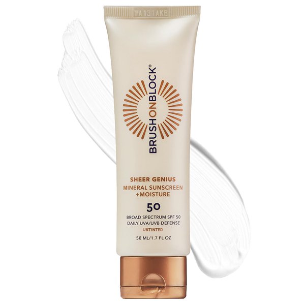 Brush On Block Sheer Genius Mineral Sunscreen plus Moisturizer, SPF 50, UVA/UVB & Blue Light Protection with Hyaluronic Acid, Goes on Sheer, No Residue, Reef Friendly, Vegan, Translucent, 1.7 oz