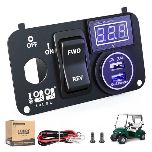 10L0L Golf Cart Key Console Switch Plate Multifunctional Panel for 2003+ EZGO TXT PDS Electric, Forward Reverse Switch Button & LED Digital Voltmeter & 12V Quick Charge 3.0 Dual USB Socket 3 in 1