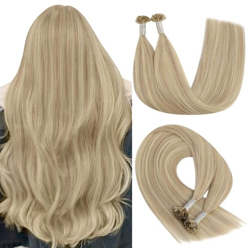 YoungSee U Tip Hair Extensions Human Hair Ash Blonde with Bleach Blonde Highlights U Tips Remy Hair Extensions for Women Highlights Keratin Hair Extensions Human Hair Hot Fusion Blonde 20In 1G/S 50G