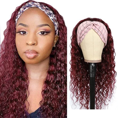 1B99J Burgundy Headband Wig Human Hair Ombre Kinky Curly Wig Ombre Dark Burgundy Wig Tow Tone Human Hair Wigs Unprocessed Virgin Hair Wigs 20 Inch Wine Red Color