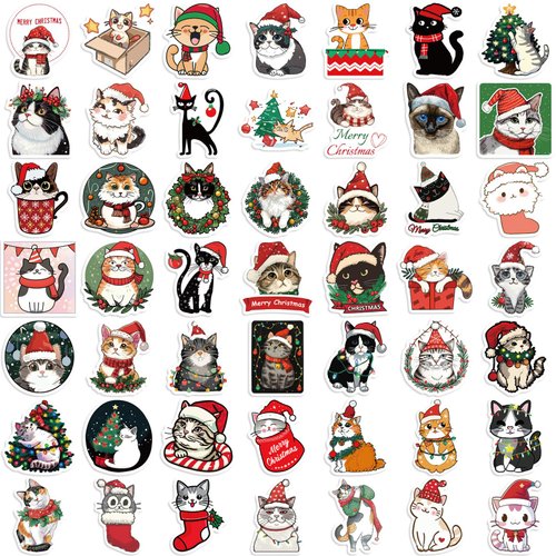 Christmas Cats Stickers 50PCS Kawaii Funny Christmas Cats Toy Stickers for Book Graffiti Waterproof Vinyl Decals for Kids Adults Teens for Christmas Party Birthday Supplies Decoration Favors