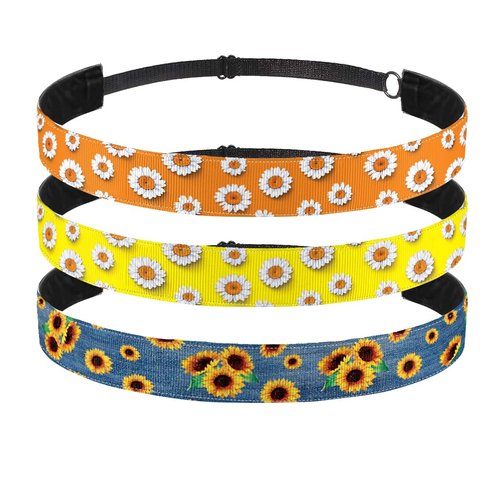WIRESTER Set of 3 Elastic Fashion Headbands, Adjustable Hair Bands, Cute Non-Slip Hair Accessories for Women Girls - Daisy Pattern Orange, Daisy Pattern Yellow, Sunflower Pattern