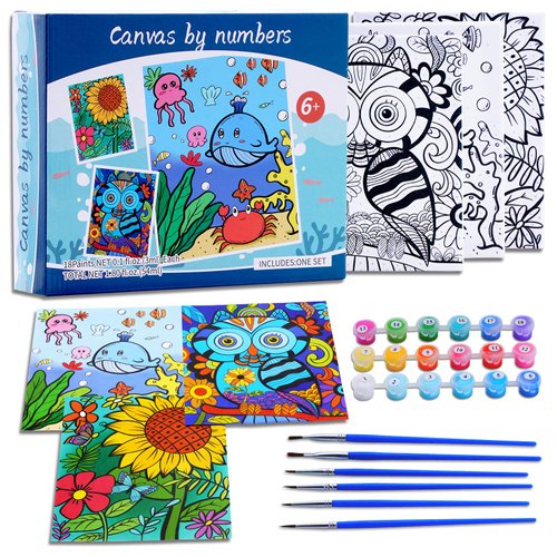 3 Pack Paint by Numbers for Kids Ages 8-12, 10*8"Color by Number for Kids Framed Canvas with 18 Acrylic Paint Pots and 6 Brushes, Kids'paint by number, Arts and Crafts Art Supplies for Kids 9-12