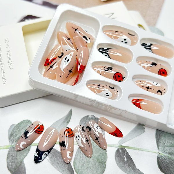 Halloween French Tip Press on Nails Medium Almond Fake Nails with Pumpkin Ghost Bat Cute Spooky Designs Glue on Nails Glossy Halloween Stick on Nails for Women Girls Manicure Acrylic Nails 24pcs
