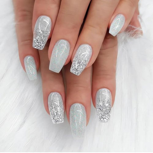 24Pcs Medium Fake Nails Silver Press on Nails Coffin Shape Glue on Nails with Sparkles Design Glossy Full Cover Artificial Nails Medium Stick on Nails Fall Acrylic Nails for Women and Girls