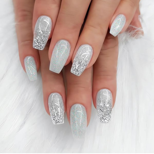 24Pcs Medium Fake Nails Silver Press on Nails Coffin Shape Glue on Nails with Sparkles Design Glossy Full Cover Artificial Nails Medium Stick on Nails Fall Acrylic Nails for Women and Girls