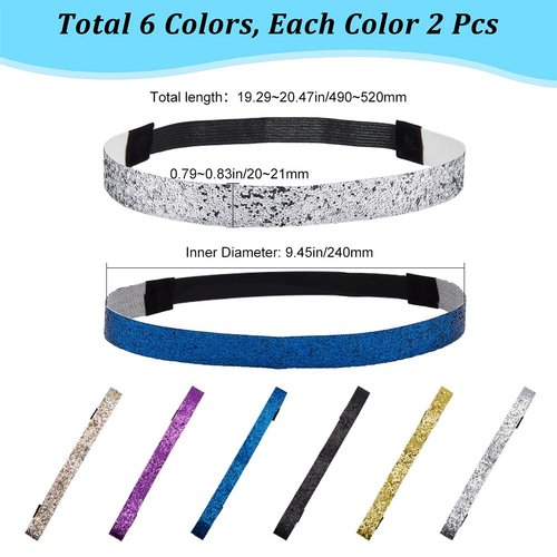 GORGECRAFT 12Pcs 6 Colors Wide Bling Glitter Headbands Fashion Non Slip Stretch Elastic Sparkly Bands Head Wrap Turban for Women Teens Athletic Sports Hair Accessories Silver Purple Black Gold