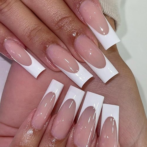 24 Pcs Press on Nails Long Coffin Fake Nails French Tip Nude Pink False Nails White Nail Tips Designs Glossy Acrylic Nails for Women and Girls