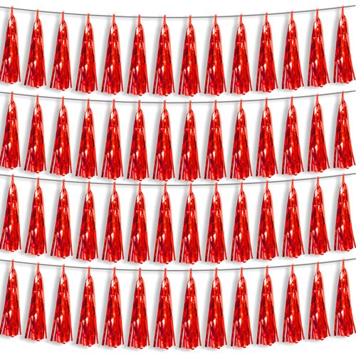 4P Red Foil Fringe Metallic Tassel Streamers Banner Tassel Garland for Parade Floats, Bachelorette, Wedding, Birthday, Halloween, Christmas, Bridal/Baby Shower Party Decorations