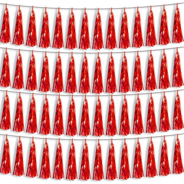 4P Red Foil Fringe Metallic Tassel Streamers Banner Tassel Garland for Parade Floats, Bachelorette, Wedding, Birthday, Halloween, Christmas, Bridal/Baby Shower Party Decorations