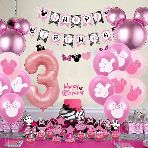 Wekayli Minnie 3rd Birthday Party Supplies Minnie 3 Year Old Girls Birthday Party Decorations Minnie 3rd Birthday Cake Cupcake Toppers Number 3 Foil Balloon Banner Minnie Birthday Decorations