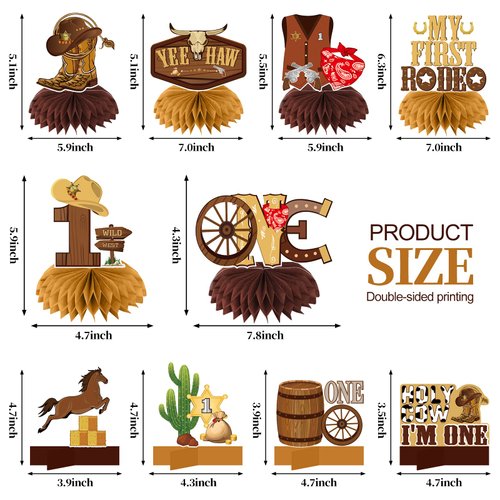 10Pcs My First Rodeo Birthday Party Supplies Western Cowboy Honeycomb Centerpieces Decorations for Baby Boys, Western Cowboy Theme One Year Old Birthday Table Centerpieces Party Supplies, Wild West