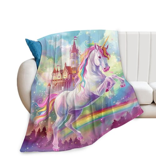 Unicorn Rainbow Blanket Unicorn Castle Throw Blanket Unicorn Decor Stuff Merch Cozy Flannel Fleece Soft Plush Fuzzy Warm Lightweight Bedding Cute Unicorn Gifts for Women Girls Kids Couch 50"X40"