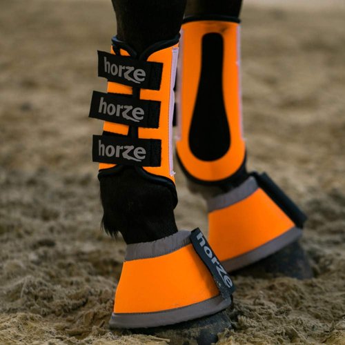 HORZE High-Visibility Reflective Neoprene Horse Bell Boots for Nighttime Horseback Riding - Orange - XL