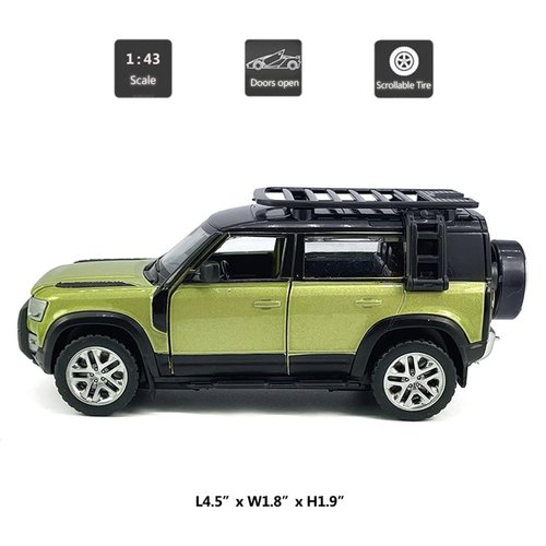 1:43 Scale 2020 Land Rover Defender 110 Model Car Kit Diecast Toy Cars Metal Alloy Vehicles, Parts Changeable, Doors Open, Black Top and Roofrack, Collection for Men, Toys for Boys Kids Gifts, Green