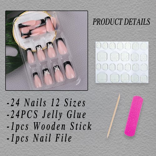 Black French Tip Press on Nails Long Coffin Fake Nails With Butterfly Charms Square Black False Nails 3D Silver Butterflies Rhinestones Glitter Nail Tip Design Acrylic Glue on Nails for Women Girls