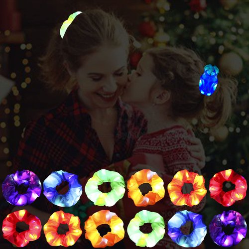 Hellodiy 12 Light Hair Scrunchies Satin Elastic Bands Ties Ropes scrunchies Party Favors for Party, Bar Dancing Halloween Christmas Multi-color Flash Hair Scrunchies(C-12pcs Hair Scrunchies)