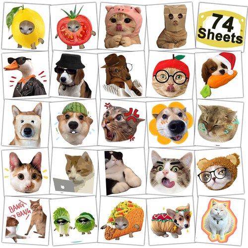 CHARLENT Cute Cat Meme Temporary Tattoos - 74 Individually Sheets Funny Animals Meme Tattoos for Birthday Decorations Party Supplies, School Rewards Gifts Ideas for Girls Boys