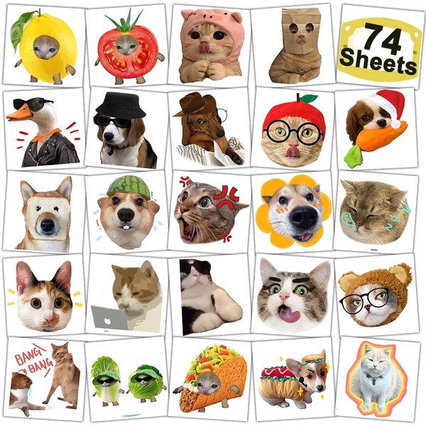 CHARLENT Cute Cat Meme Temporary Tattoos - 74 Individually Sheets Funny Animals Meme Tattoos for Birthday Decorations Party Supplies, School Rewards Gifts Ideas for Girls Boys