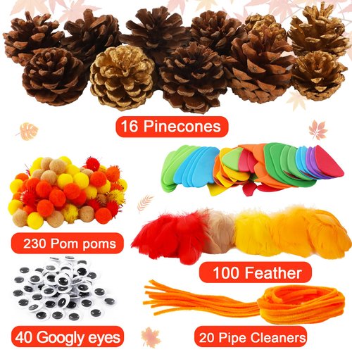 Qyeahkj Thanksgiving Pinecone Trukey Craft Kit for Kids (Makes 16), Fall Crafts Ornament for Kids Teens Adults Thankful Dinner Party Activity Supplies Classroom Project Table Centerpiece Decorations