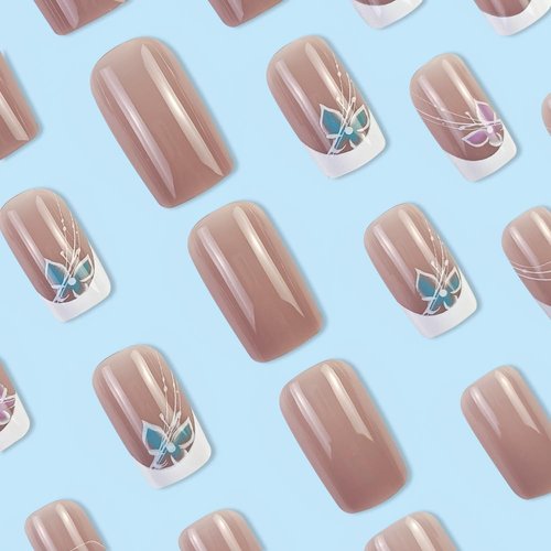 French Tip Press on Nails Pink Fake Nails Medium Length Glue on Nails Square False Nails with Pink Blue Butterfly Design White Tip Acrylic Press on Nails Cute Artificial Nails Glossy Stick on Nails
