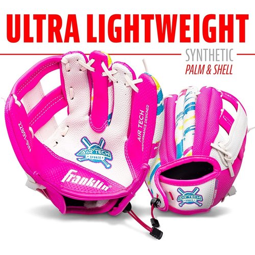Franklin Sports Air Tech Baseball Glove with Ball - Tee Ball - Soft Air Tech Foam - White/Pink, 9.0" - Right Hand Thrower