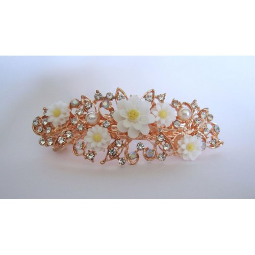 Generic Rose gold white flower crystal pearl hair clip bridal clip barrette