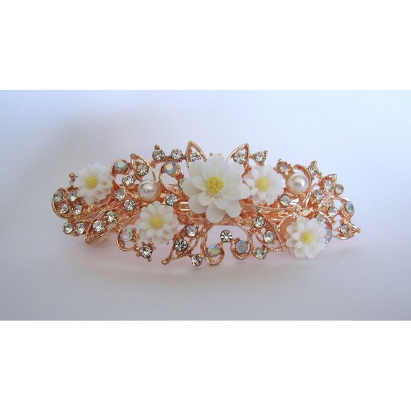 Generic Rose gold white flower crystal pearl hair clip bridal clip barrette
