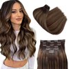 Human Hair Clip in Extensions Ombre Brown Highlights 16 Inch 7 Pcs Seamless Clip in Hair Extensions Real Human Hair Double PU Weft Natural Silky Clip on Straight Hair 100G