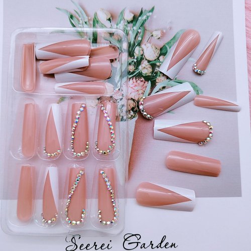 White French Tip Press on Nails Long Square - Heart Shaped Rhinestone Design Extra Long Square Fake Nails Press ons,24 Pcs Full Cover Acrylic Nails Walnut Color Glue on Nails for Women