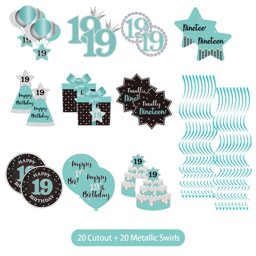 Happy 19th Birthday Party Hanging Swirls Streams Ceiling Decorations, Celebration 19 Foil Hanging Swirls with Cutouts for 19 Years Teal Silver Black Blue Birthday Party Decorations Supplies