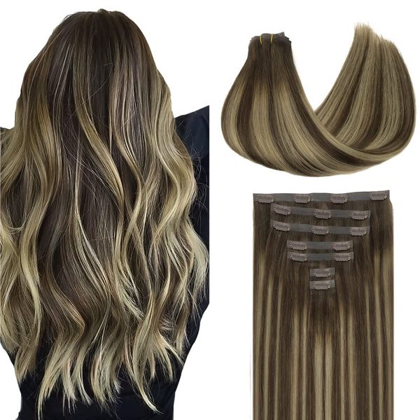 GOO GOO Clip in Hair Extensions Real Human Hair, 16inch 110g 7Pcs, 4/26/4 Balayage Chocolate Brown to Honey Blonde, Remy Human Hair Extensions Clip ins for Women, Natural Human Hair