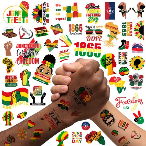 50 Pieces Juneteenth Decorations Temporary Tattoos for Kids Adults, June 19 1865 African American Emancipation Black History Month Independence Day Freedom Tattoo Stickers Decals