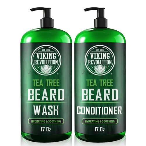 Viking Revolution Tea Tree Oil Beard Wash and Beard Conditioner For Men - Natural Beard Softener Set with Argan Oil, Vitamin E and Ginseng - Beard Shampoo and Conditioner Set (17 Oz)