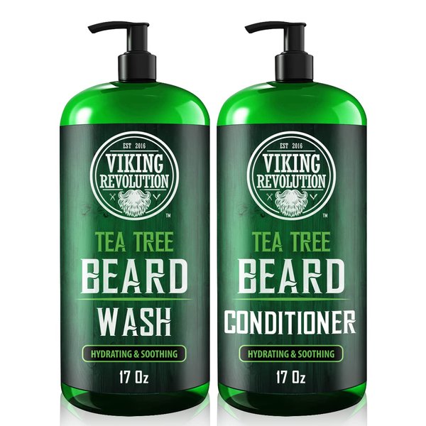 Viking Revolution Tea Tree Oil Beard Wash and Beard Conditioner For Men - Natural Beard Softener Set with Argan Oil, Vitamin E and Ginseng - Beard Shampoo and Conditioner Set (17 Oz)