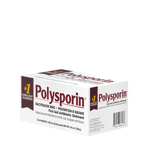 Polysporin First Aid Topical Antibiotic Ointment with Bacitracin Zinc & Polymyxin B Sulfate, for Portable Infection Protection & Wound Care Without Neomycin, Travel Size, 1/32 oz, 144 ct