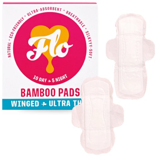 FLO - Organic Bamboo Pads, Day & Night Combo Pack, Feminine Care, Organic Menstrual Products, Plant-Based, Black-Owned, Absorbent Pads, Unscented, Breathable, Sanitary Napkins for Women,15-Count