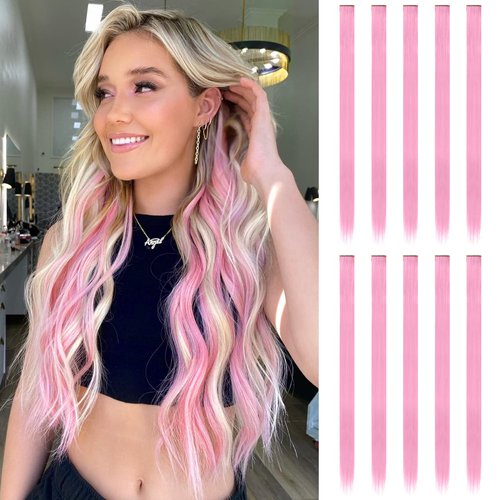 FESHFEN Colored Pink Clip in Hair Extensions, 10 PCS Pink Hairpieces Highlight Colorful Straight ...